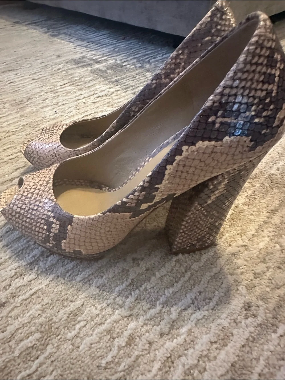 BCBGMaxAzria Taupe Snake-Print Peep-Toe Heels
